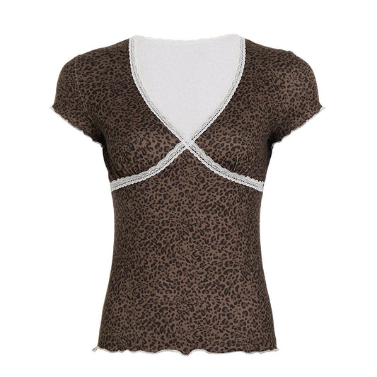Vintage Leopard Lace Trim V-Neck Short Sleeve T-Shirt Elegant Close-Fit Crop Top
