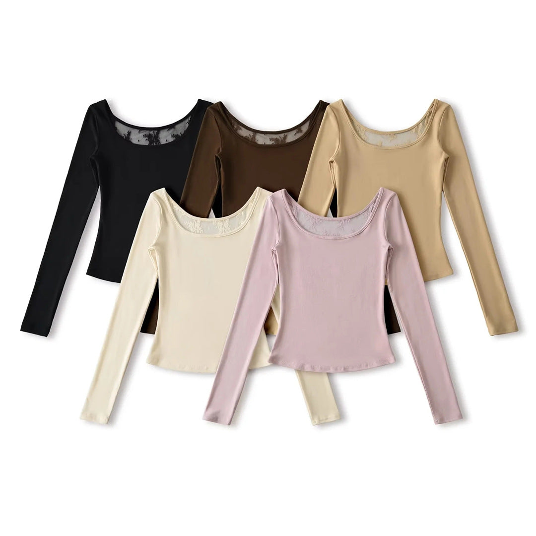 Spring Solid Color U-Neck Long Sleeve T-Shirt, Mature Style, Unique and Sexy Back Lace Cut-Out, Fitted Crop Top