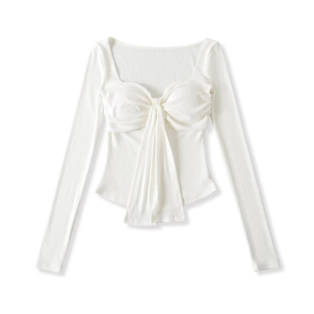 Sense Solid Color Padded Bow Knotted Long Sleeve T-Shirt Spring Sexy Crop Top with Ruched Fitted Design