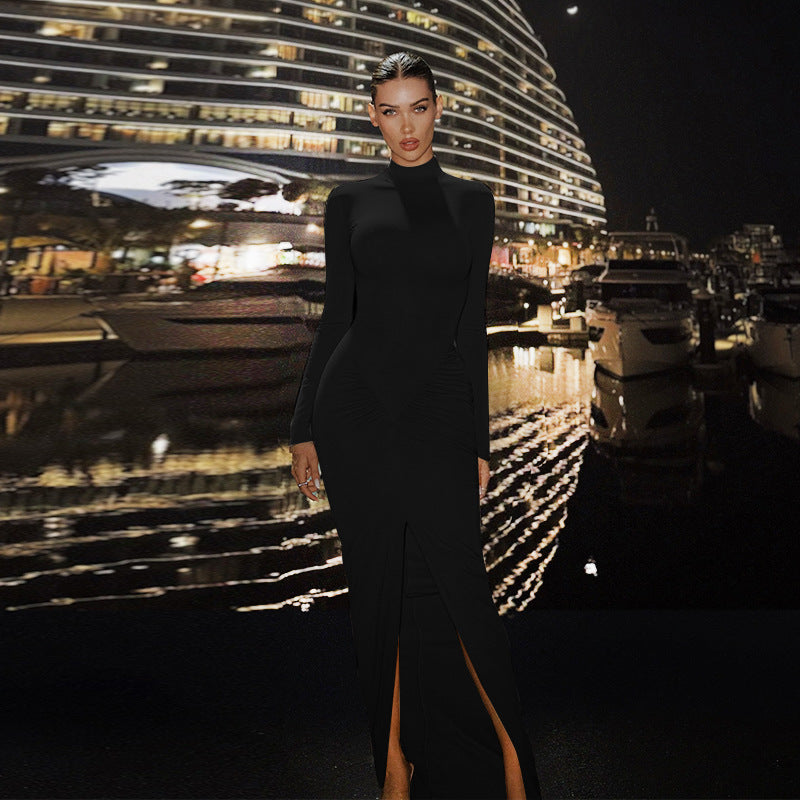 Half high neck sexy long sleeved waist cinching slim fit waist hugging split hip dress