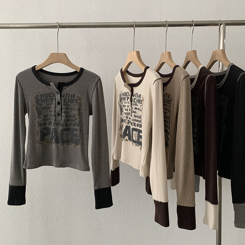 Fleece-Lined Letter Print Color-Blocked Long Sleeve Crewneck Top for Women Fashionable Versatile Casual Slim-Fit Upperwear