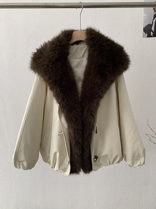 Detachable Faux Fox Fur Turn-Down Collar Loose Thick Long Sleeve Parka Coat Top Fashion