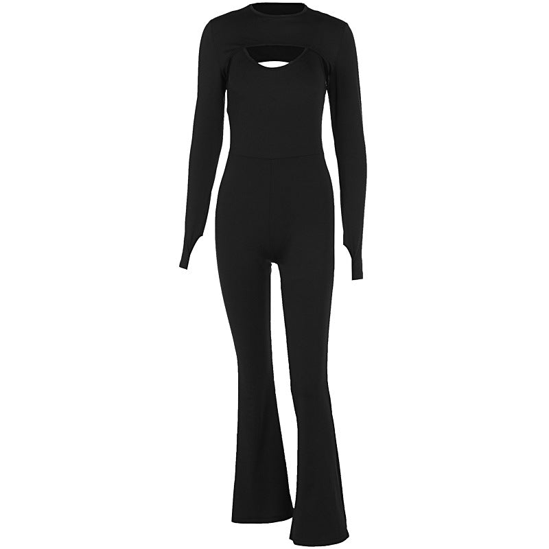 Fashion solid color long sleeved tight fitting suspender lifting jumpsuit two-piece set
