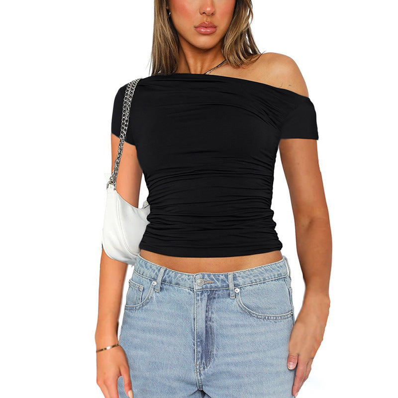 Women's Clothing New Pure Color Off-the-Shoulder Short Sleeve Shirred Crop Top T-Shirt