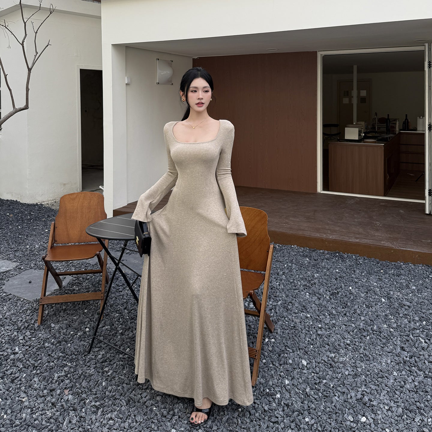 Square Neck Knitted A-Line Dress