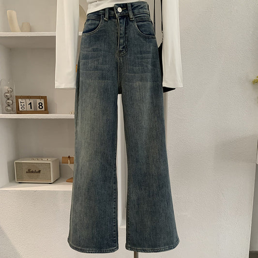 High-Waisted Loose Straight Leg Jeans for Women with Fleece Lining, Casual and Slim-Fitting Long Pants