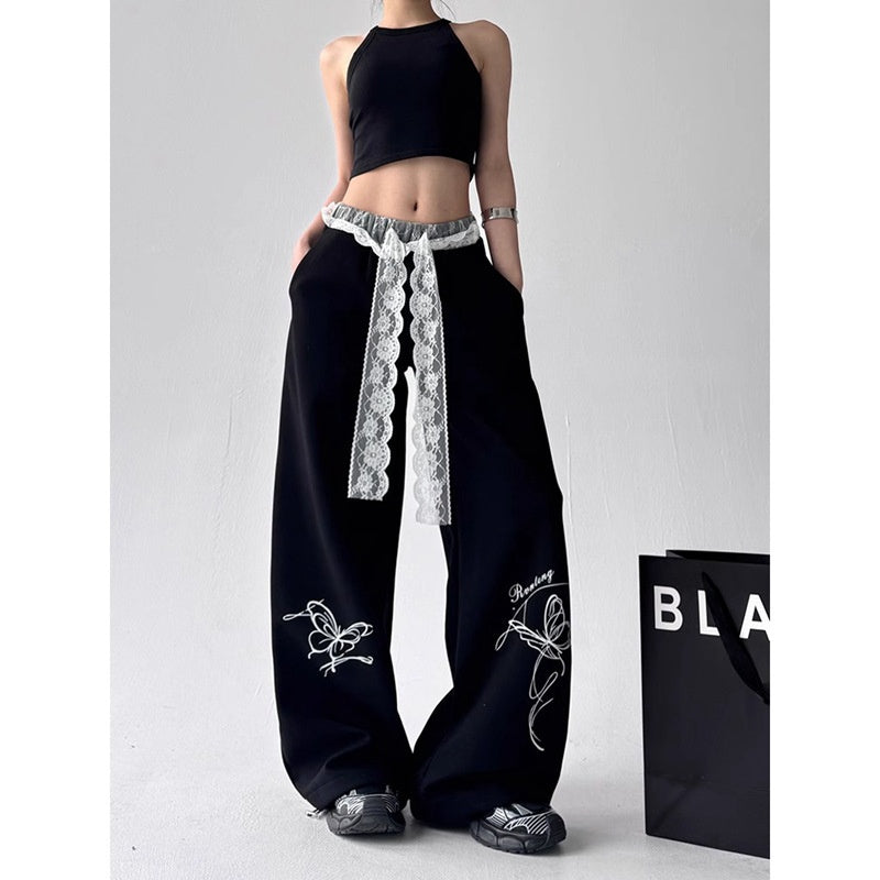 Street dance retro lace casual female jazz wide leg pants