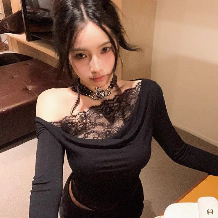 Chiffon Spliced Off-Shoulder Long Sleeve T-Shirt Slim Fitting Short Crop Inner Layer Top