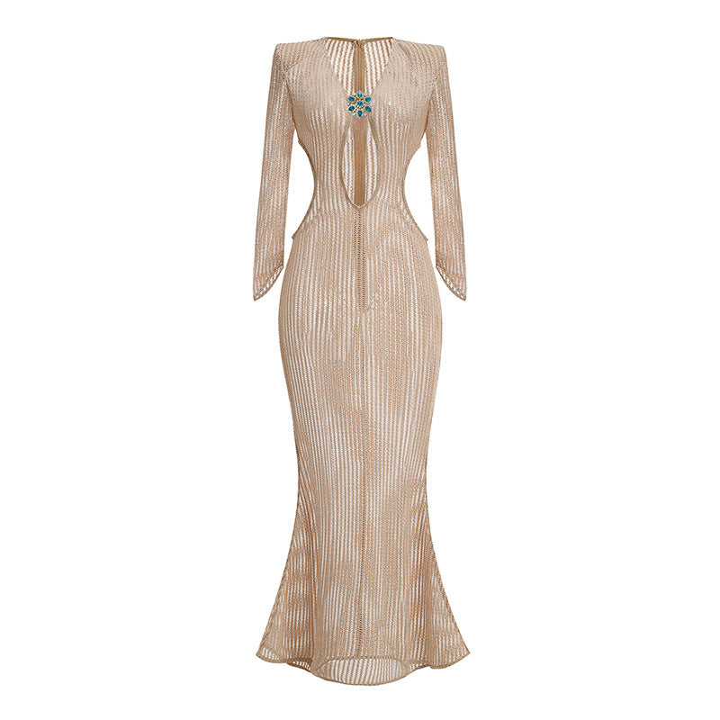 Fashion Sexy Cover-Up Long Dress for Women, Deep V-Neck Elegant Hollow-Out Waist-Baring Long Sleeve Dress