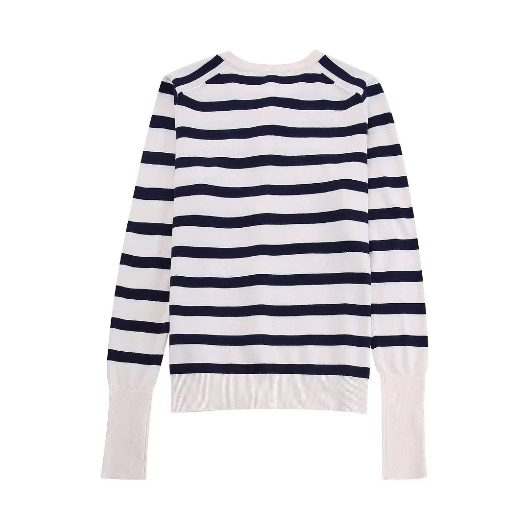 Fashion Striped Knitted Women Cardigan Wrist Sleeve O Neck Slim Sweater Female Crop Top  Autumn