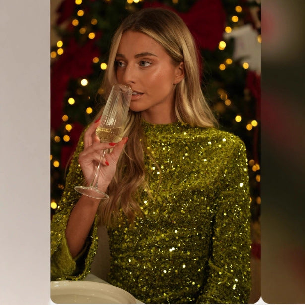 Chic Green Sequin Slim-Fitting Long Sleeve Round Neck Loose Dress for Women
