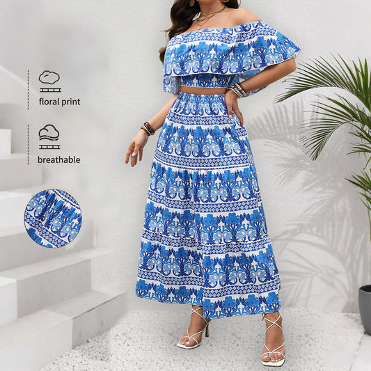 Spring Summer Women's Foreign Trade Holiday Leisure Printed One-Shoulder Crop Top Long Skirt Set