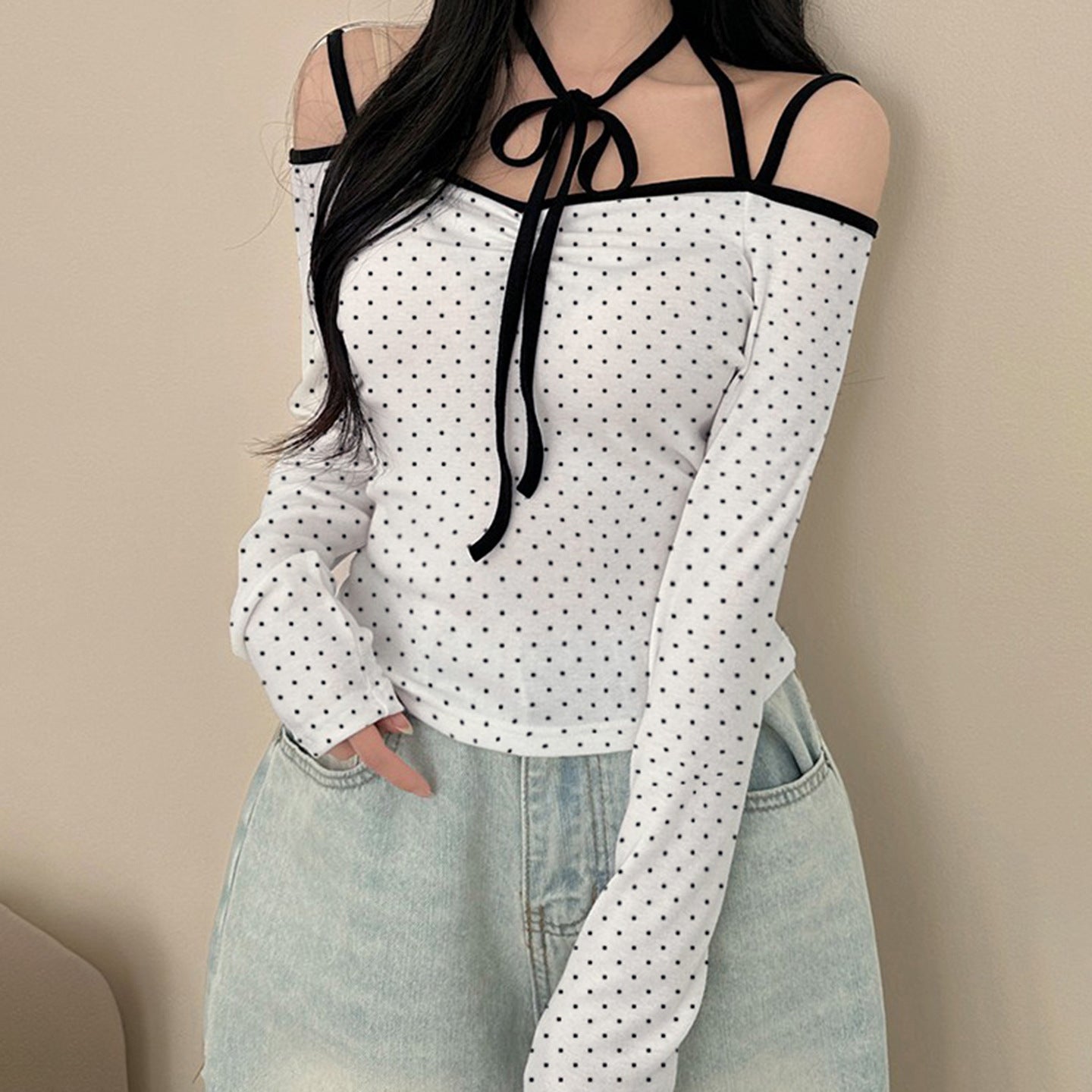 Polka Dot Tie-Butterfly Long Sleeve T-Shirt for Women Off-the-Shoulder Round Neck Crop Top