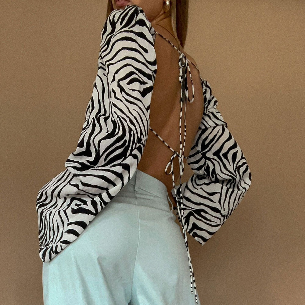 Cryptographic Zebra Print Elegant Sexy Backless Lace Up Blouses Women Fashion Autumn Club Party Long Sleeve Shirts Crop Tops