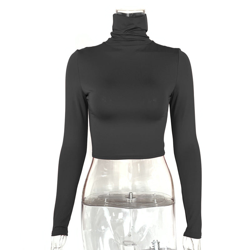 Women's slim fit crop exposed long sleeved high neck top