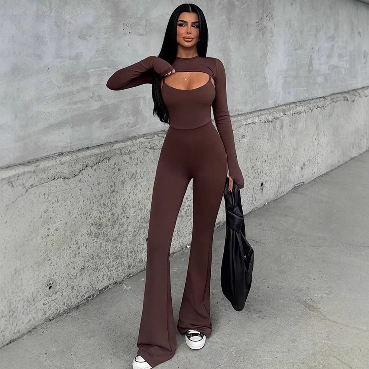 Fashion solid color long sleeved tight fitting suspender lifting jumpsuit two-piece set