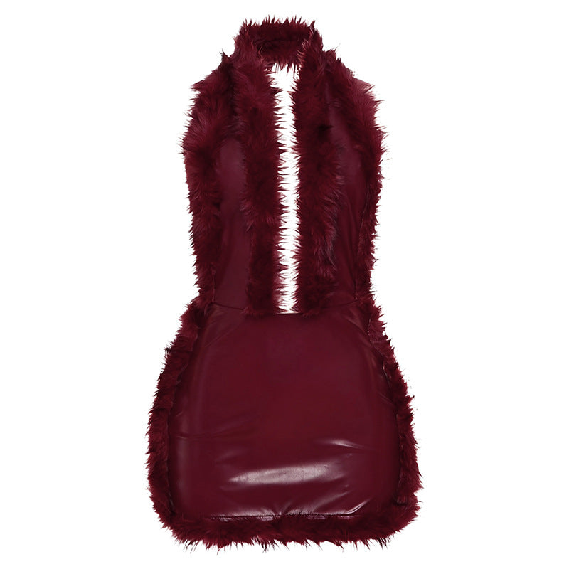 Splicing PU leather hanging neck deep V-neck dress for women