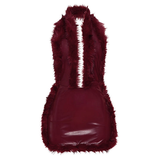 Splicing PU leather hanging neck deep V-neck dress for women