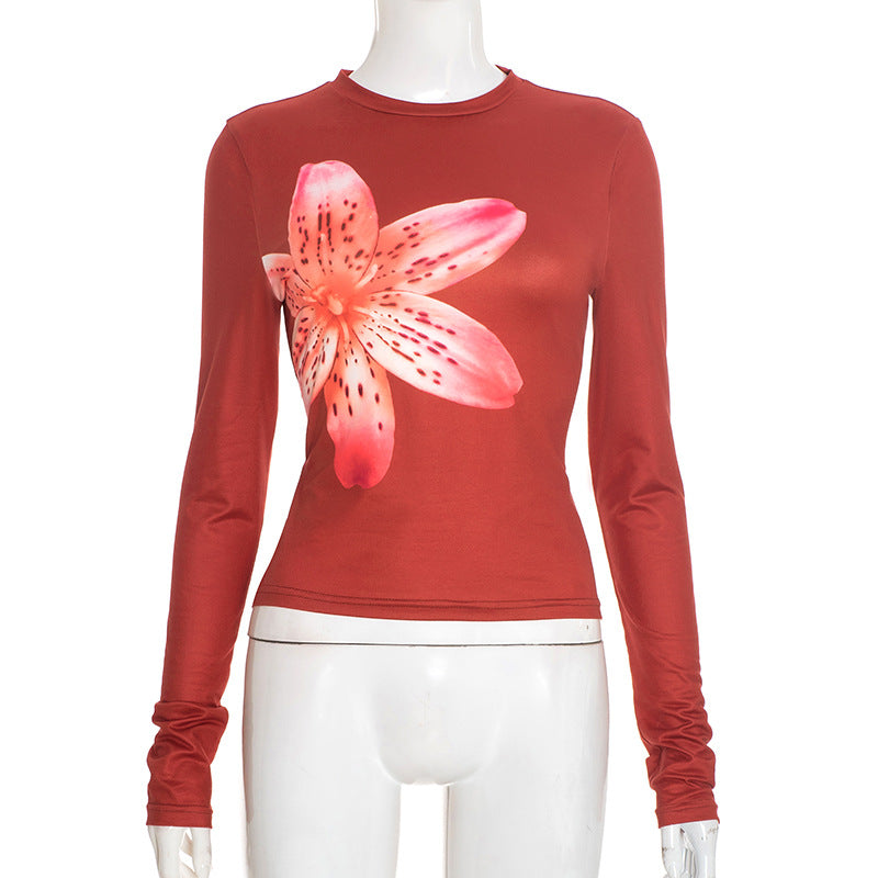 Floral Print Long Sleeve Round Neck Pullover Crop Top