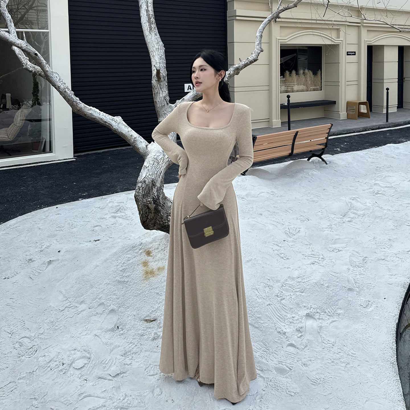 Square Neck Knitted A-Line Dress