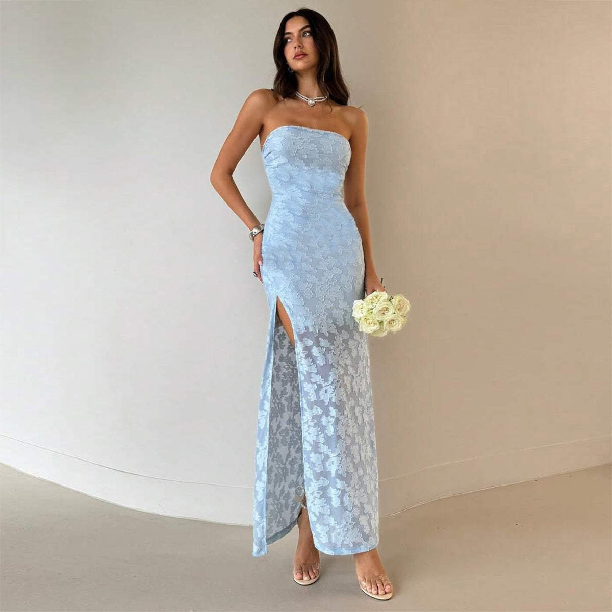 Slimming burnt flower backless strapless dress for women