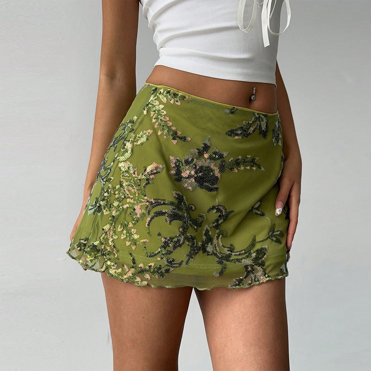 Slimming mesh bead embroidered skirt for women