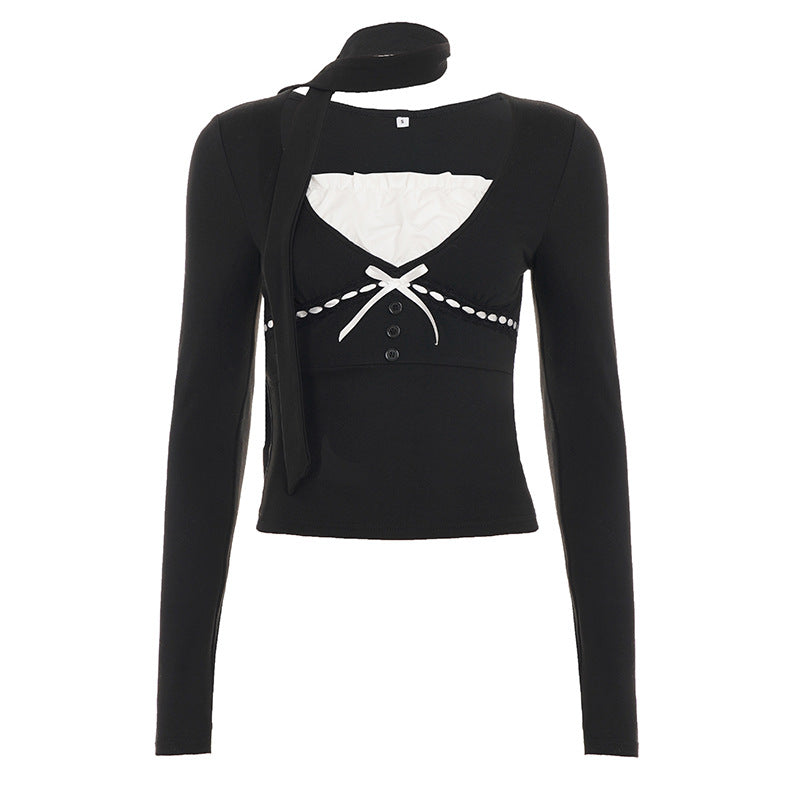 Cute Feminine Style Bow Tie V-Neck Faux Two-Piece Slim Fit Crop Long Sleeve Neck Scarf T-Shirt Simple Basic Top