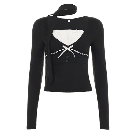 Cute Feminine Style Bow Tie V-Neck Faux Two-Piece Slim Fit Crop Long Sleeve Neck Scarf T-Shirt Simple Basic Top