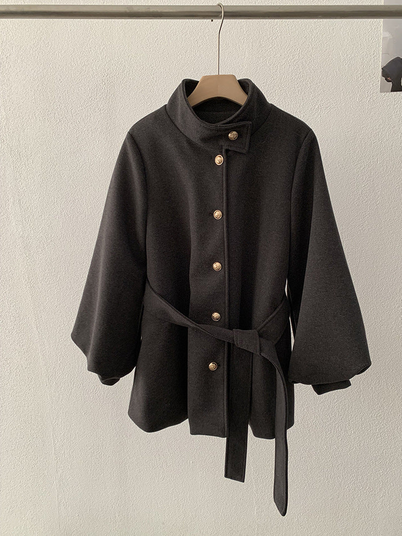 Belted closure Style Stand-Up Collar Wool Coat with Belted Waist, A-Line Mid-Length Tassel Sleeve for Women
