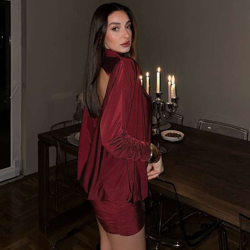 Backless high neck solid color slim fit waist hugging long sleeved dress
