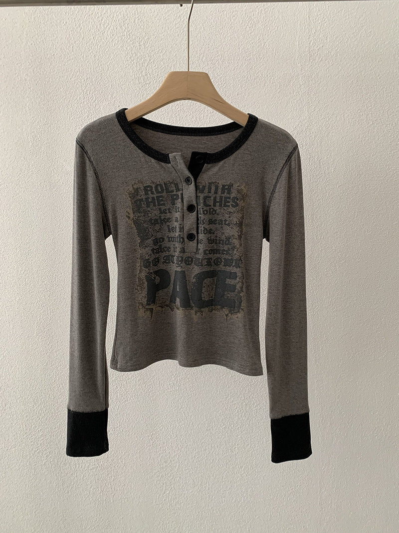 Fleece-Lined Letter Print Color-Blocked Long Sleeve Crewneck Top for Women Fashionable Versatile Casual Slim-Fit Upperwear