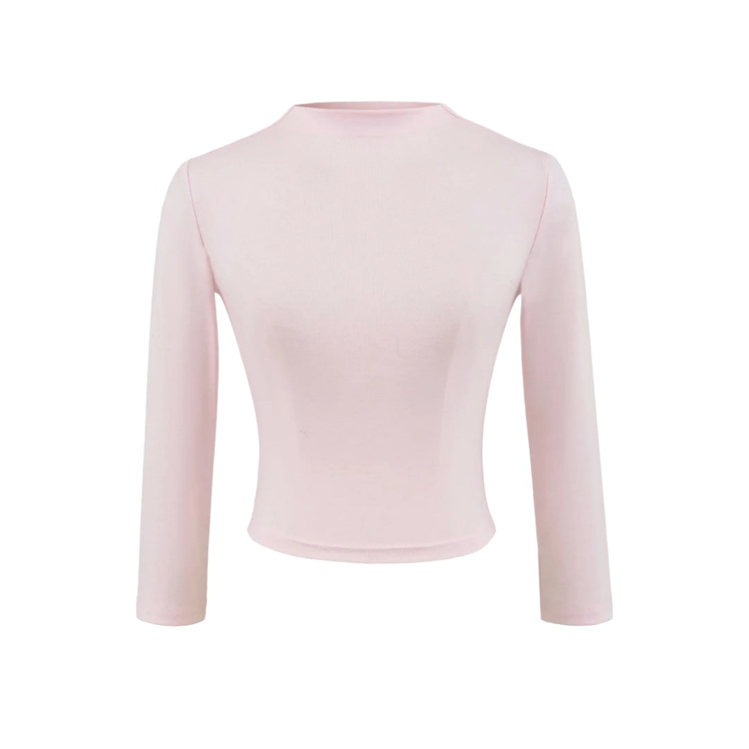 Style Semi-High Neck Sleeve Stretch Fitted T-Shirt for Women,Edgy Minimalist Solid Color Crop Top Underwear Shirt