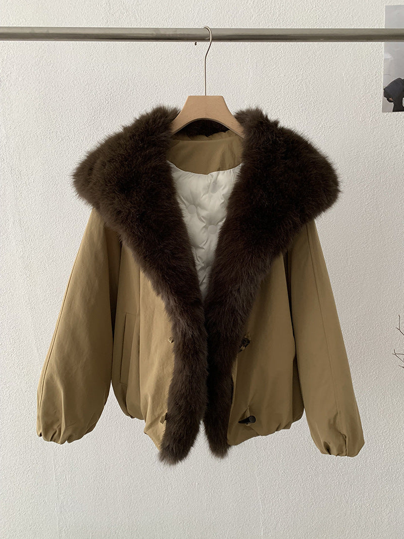 Detachable Faux Fox Fur Turn-Down Collar Loose Thick Long Sleeve Parka Coat Top Fashion