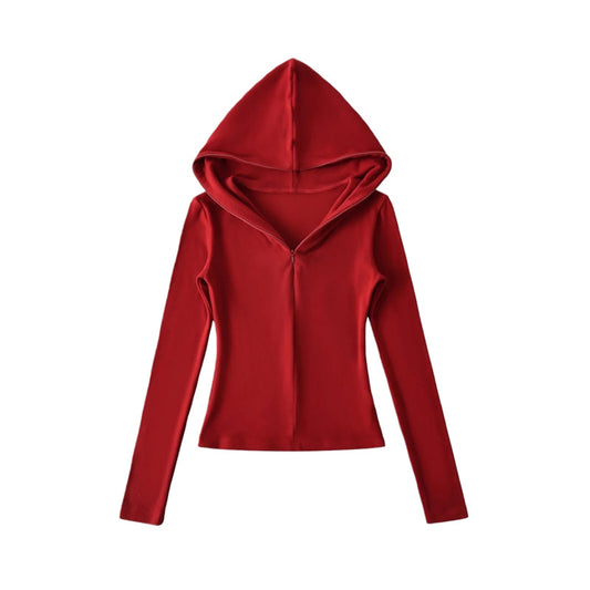 Vintage Solid Color Casual Hooded Half-Zip Pullover Sweatshirt for Women, Stretchy Fitted Base Layer Long Sleeve Crop Top in Fleece-Like Fabric