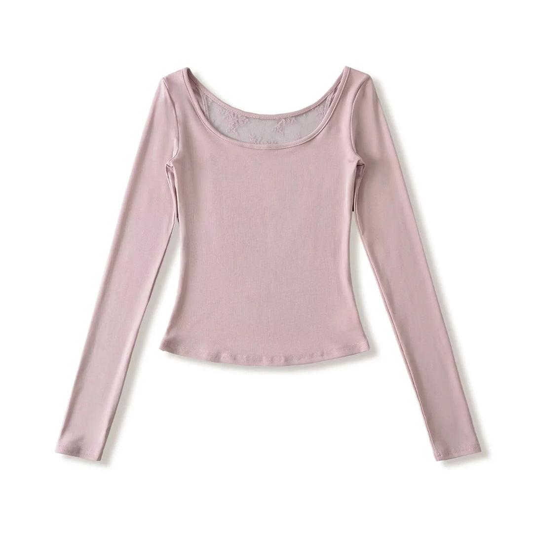 Spring Solid Color U-Neck Long Sleeve T-Shirt, Mature Style, Unique and Sexy Back Lace Cut-Out, Fitted Crop Top