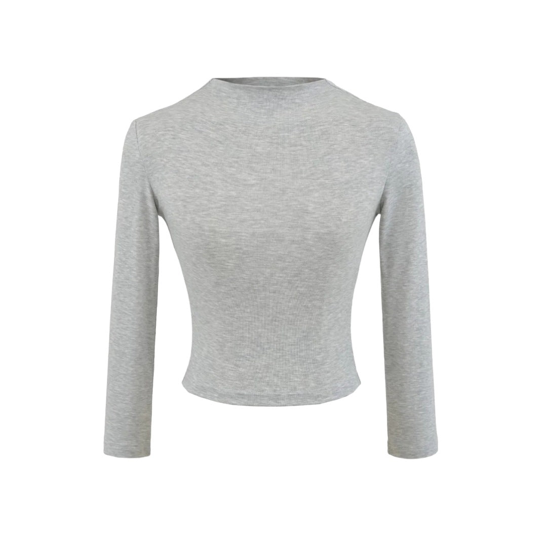 Style Semi-High Neck Sleeve Stretch Fitted T-Shirt for Women,Edgy Minimalist Solid Color Crop Top Underwear Shirt