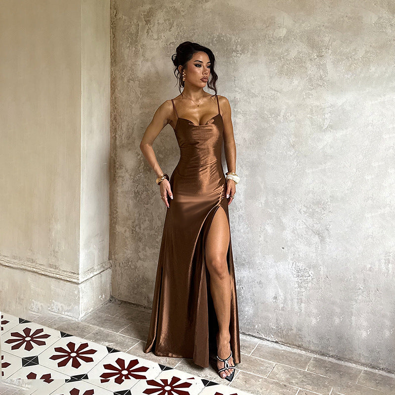 Backless pocket collar sexy slit suspender slim party dress