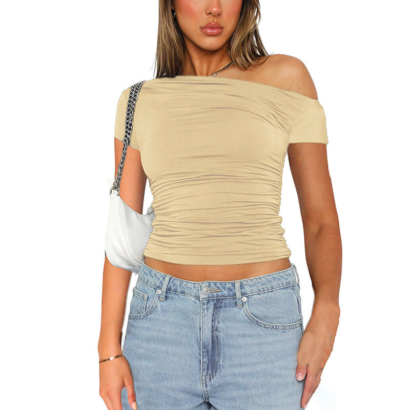 Women's Clothing New Pure Color Off-the-Shoulder Short Sleeve Shirred Crop Top T-Shirt