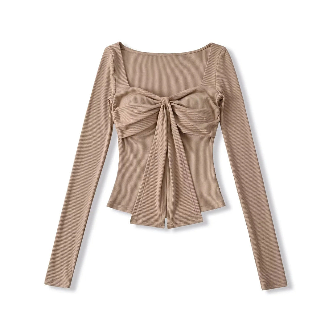 Sense Solid Color Padded Bow Knotted Long Sleeve T-Shirt Spring Sexy Crop Top with Ruched Fitted Design