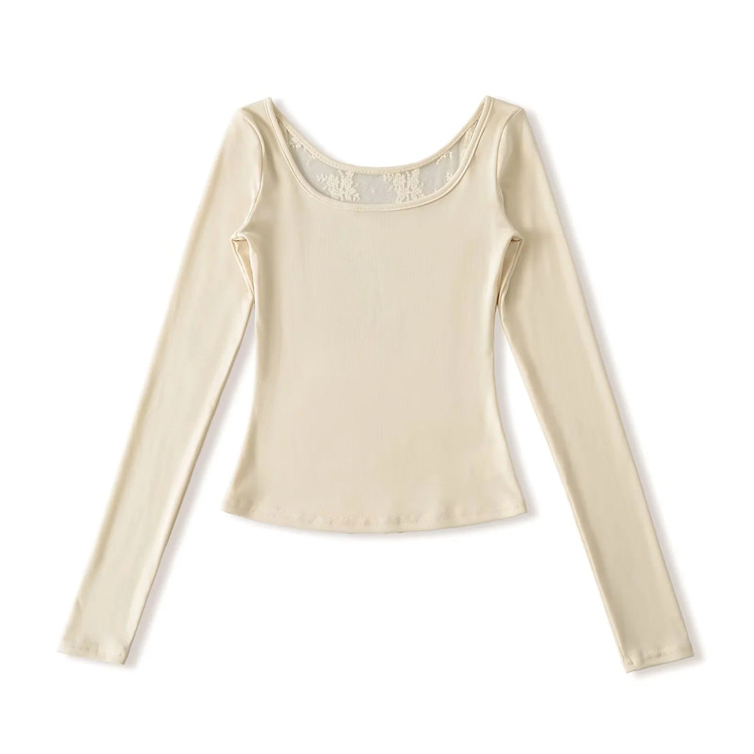 Spring Solid Color U-Neck Long Sleeve T-Shirt, Mature Style, Unique and Sexy Back Lace Cut-Out, Fitted Crop Top