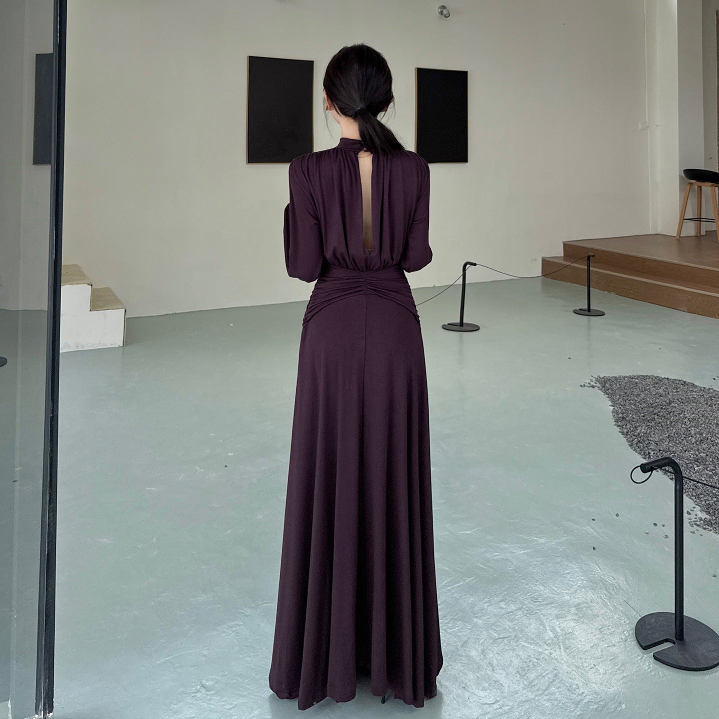 Folding Waist Long-Sleeve Dress