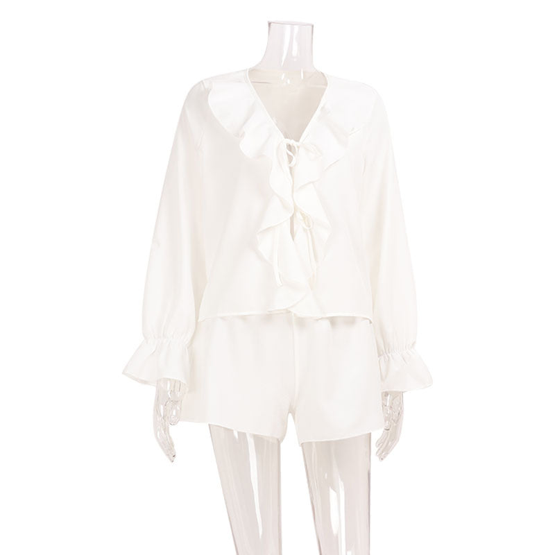V-neck loose ruffle edge tied top and shorts two-piece set