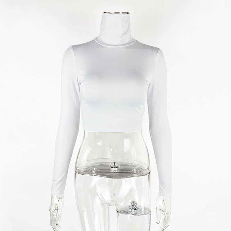 Women's slim fit crop exposed long sleeved high neck top