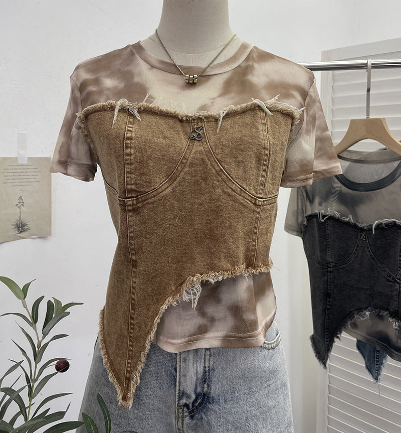 Denim Spliced Tie-Dye Mesh Fitted Irregular Fake Two-Piece Short Sleeve Top Crop T-Shirt