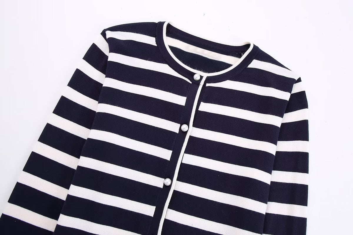 Fashion Striped Knitted Women Cardigan Wrist Sleeve O Neck Slim Sweater Female Crop Top  Autumn