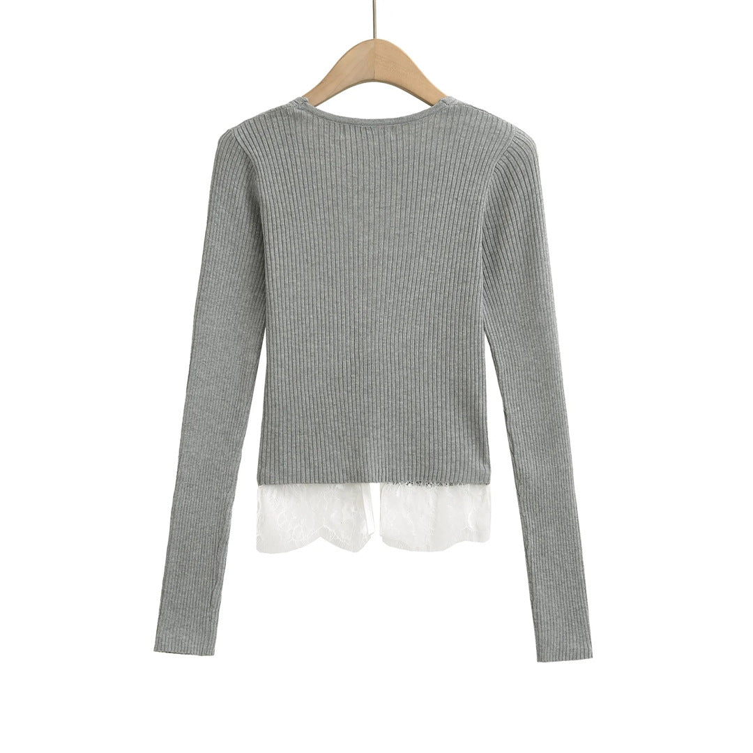 Two-Piece Lace Tie Knit Cardigan High-Waist Short Crop Long Sleeve Top Sweater