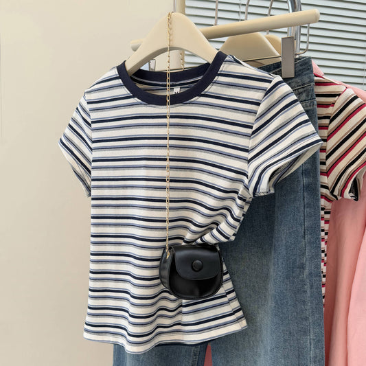 Style Summer New Color Block Stripe Short Sleeve T-Shirt Women's Slim Korean Version Short Crop Top