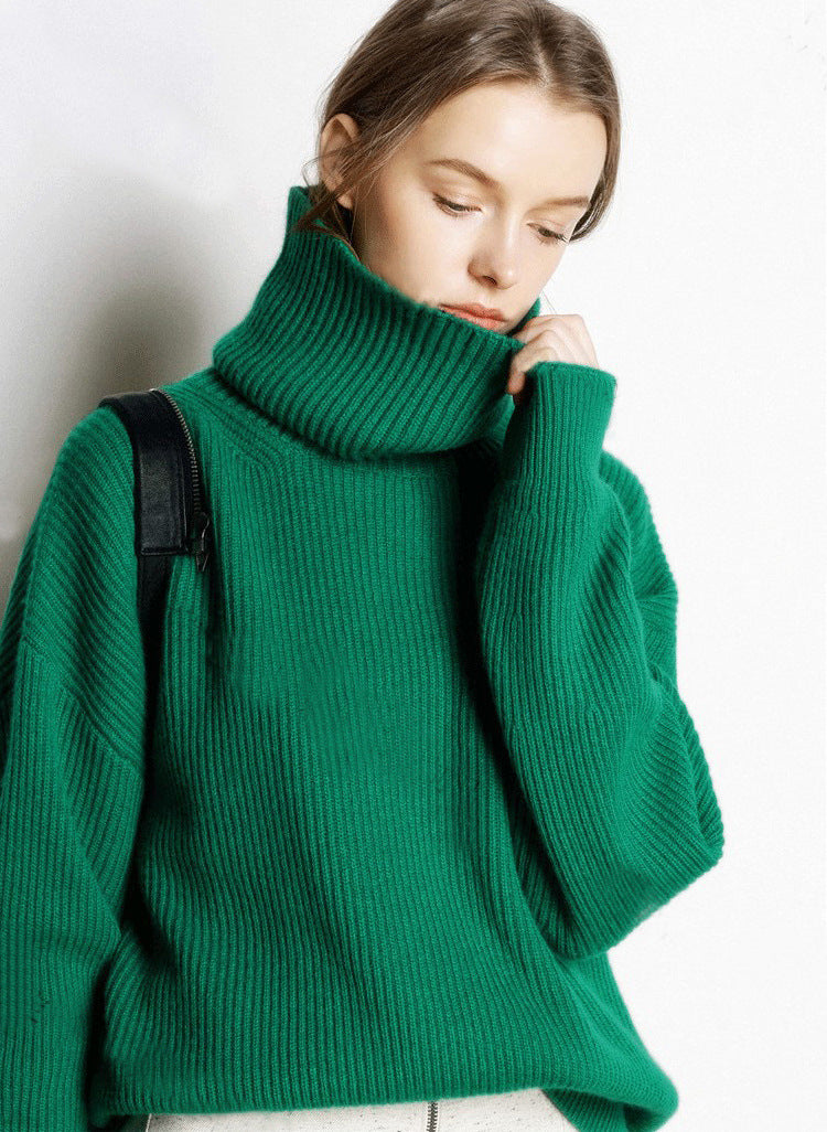 Autumn and winter high neck sweater for women, European and American style, thick and loose short style, pullover, free collar, lazy knit base sweater