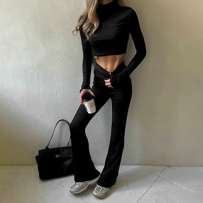 Autumn  Crew Neck Long Sleeve Crop Top with High Waist Flared Pants