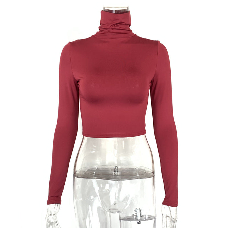 Women's slim fit crop exposed long sleeved high neck top